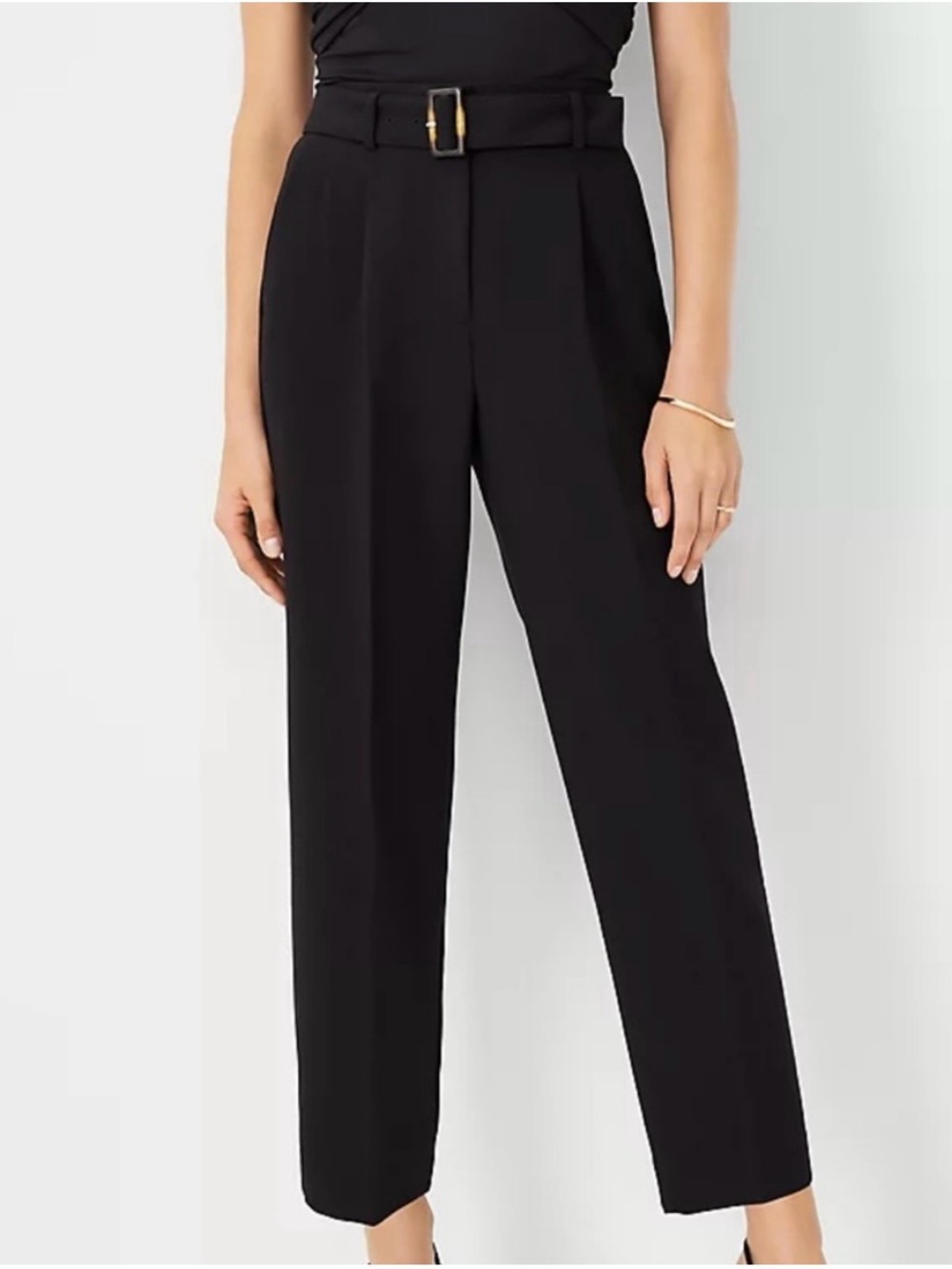 Ann Taylor Black High-Waist Belted Tapered Pants